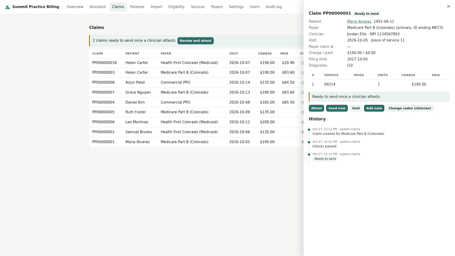 A paid claim showing the payment, adjustments and full history
