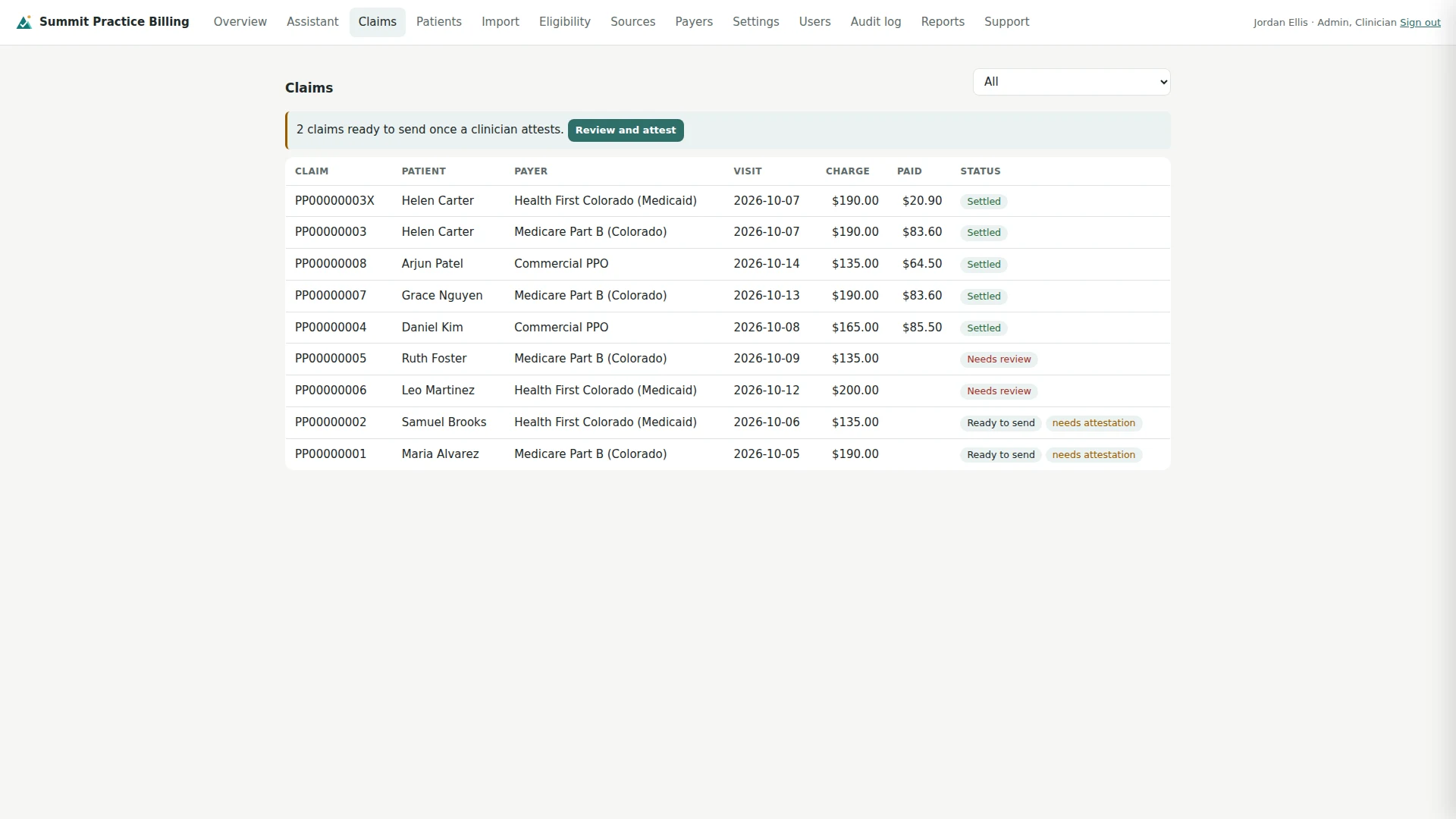 Claims list with a bar saying two claims are ready once a clinician attests