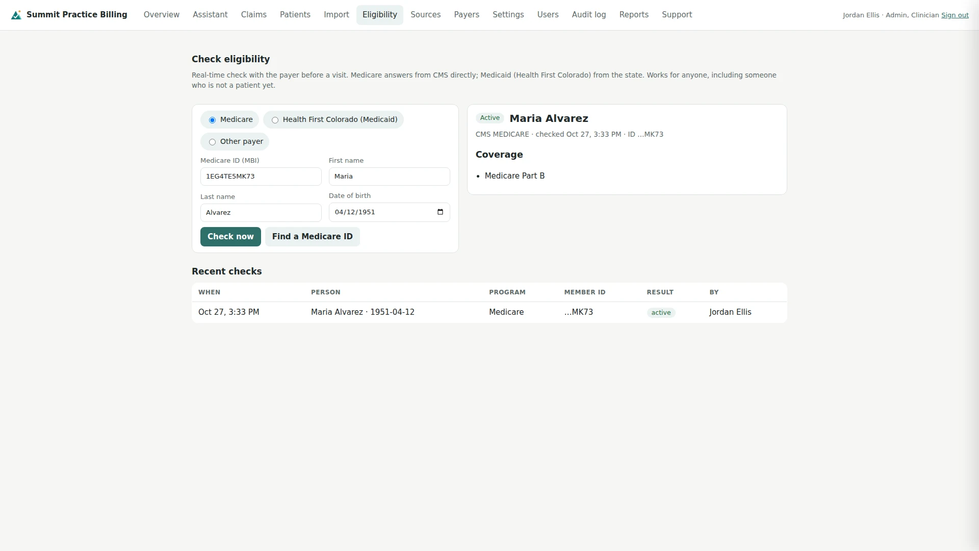 Eligibility check showing active Medicare coverage for a demo patient