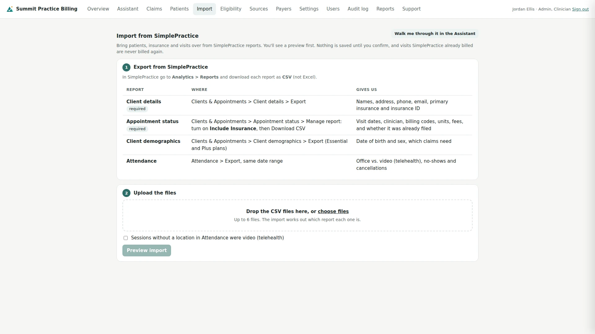 Import screen listing the SimplePractice reports to export and an upload area