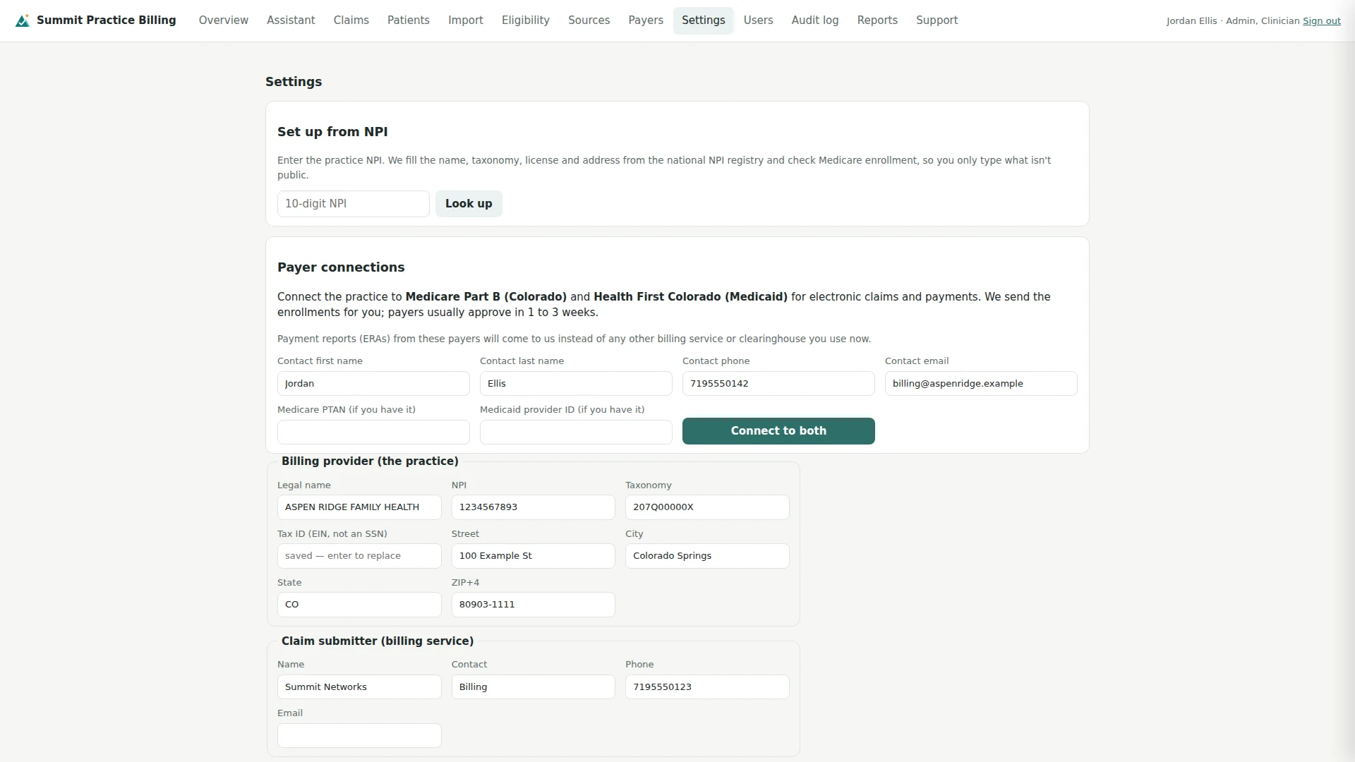 Settings with the Payer connections box: contact details and a Connect to both button