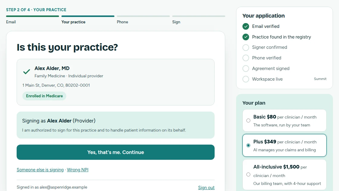Sign-up step 2: the practice found in the NPI registry, with a button to confirm it