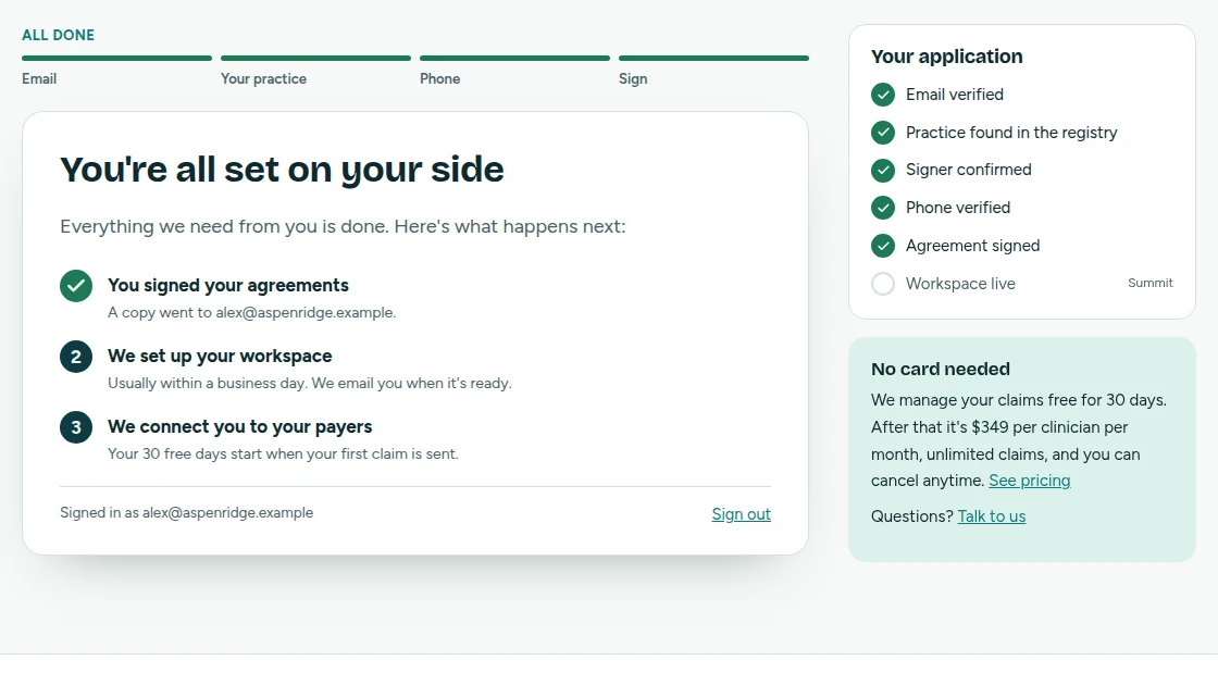 Sign-up complete: agreements signed, workspace set-up and payer connection are next