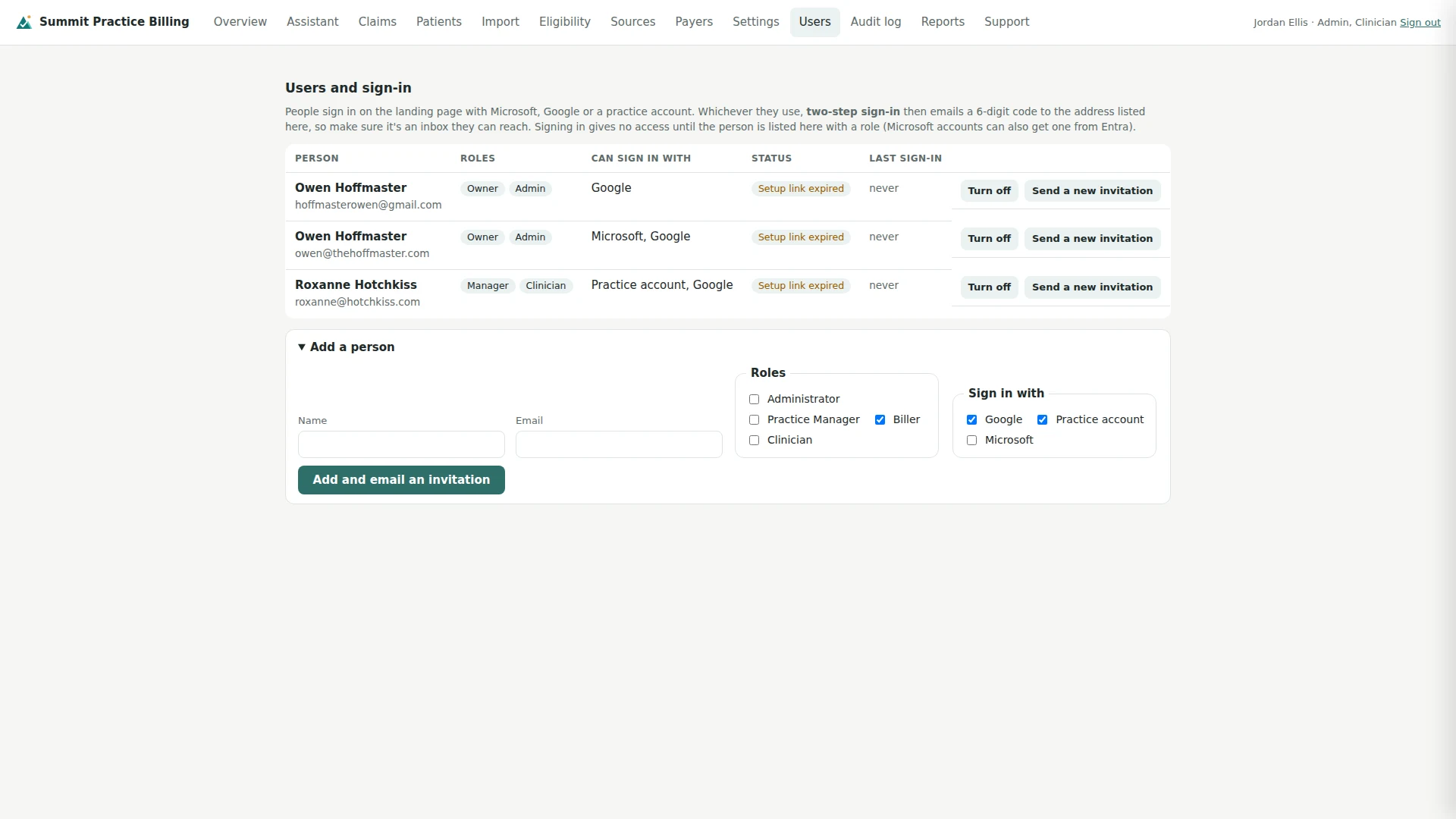 Users and sign-in: the team list and the form to add a person
